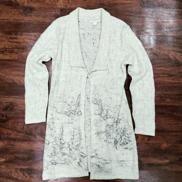 Coldwater Creek Wool Long Cardigan Beige & Gray Alpine Scenic Artsey - Picture 2 of 15